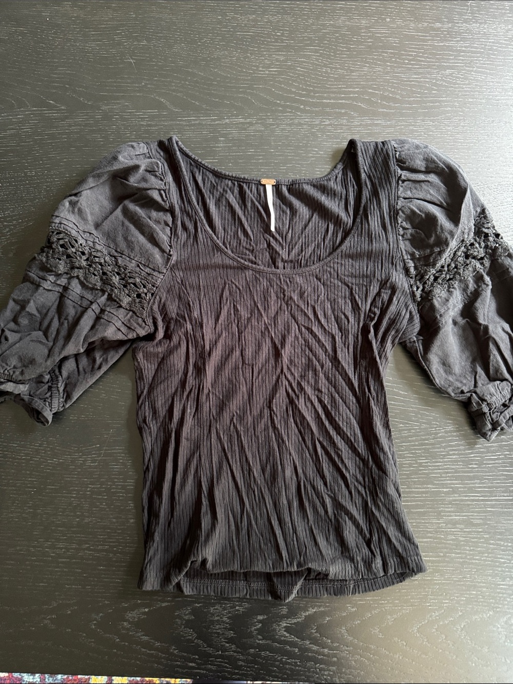 Free People Black Scoop-Neck Puff Sleeve Blouse